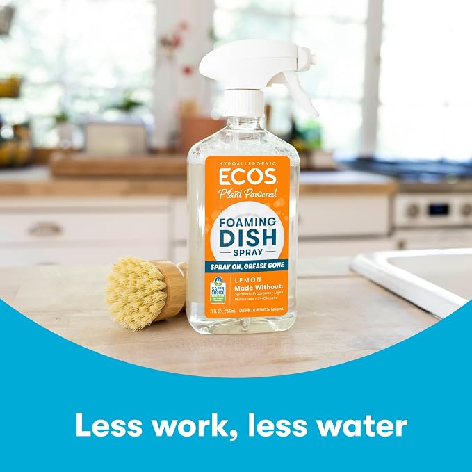 ECOS Foaming Dish Soap, Powerful Spray-On Formula, Saves Water, Wipe & Rinse Dish Cleaner - Hypoallergenic - Lemon, 17 Fl Oz (Pack of 4)