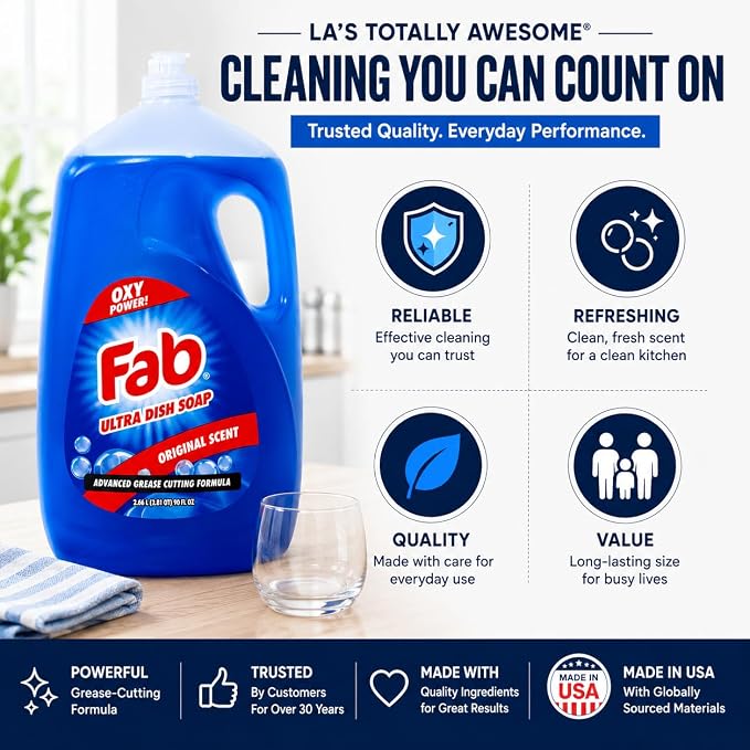 La's Totally Awesome Fab Liquid Dish Soap, Original Scent, 90 fl oz (Pack of 2) | Powerful Grease-Cutting Dishwashing Liquid, Gentle on Hands, Dish Detergent for Pots, Pans, Glassware & Cookware