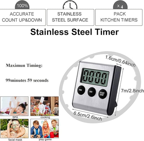 4 Pack Digital Kitchen Timer Magnet, Stainless Steel Cooking Timers - Image 2