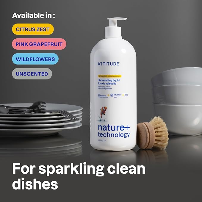 ATTITUDE Dish Soap, EWG Verified, Plant-Based & Vegan Dishwashing Liquid, Naturally Derived, Wildflowers Scent, 33.8 Fl Oz