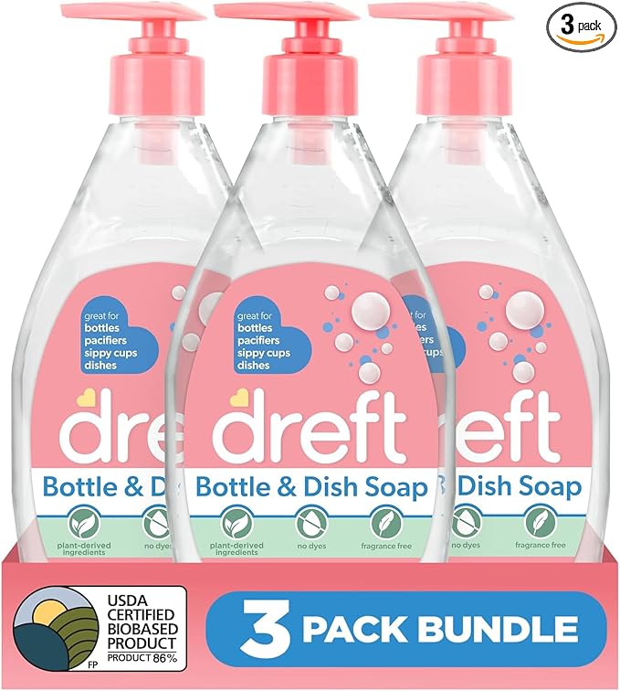 DREFT Bottle and Dish Soap | Made to Clean Baby Bottles, Sippy Cups, Pacifiers, Breast Pumps, & More | Gently Removes Milk Film & Odors | Plant Based, Fragrance Free Dish Soap | 18 Fl Oz (Pack of 3)