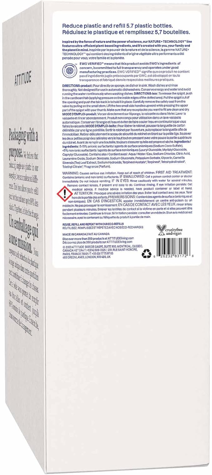 ATTITUDE Dish Soap Refill, EWG Verified, Plant-Based & Vegan Dishwashing Liquid, Naturally Derived, Citrus Zest Scent, 135.3 Fl Oz