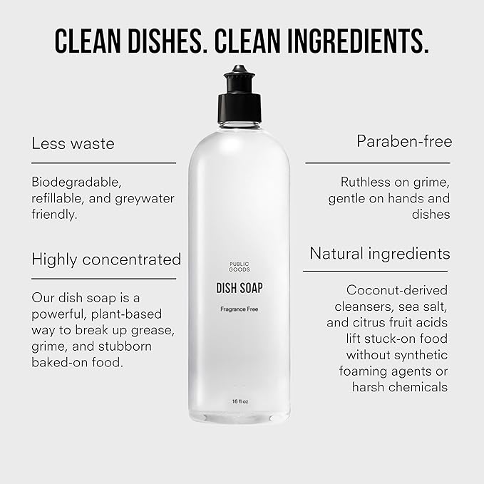 Public Goods Natural Fragrance Free Dish Soap | Kitchen Soap | Plant-Based & Vegan Friendly | Clear Dish Detergent Liquid | Concentrated Formula | Made in USA | 16 Fl Oz