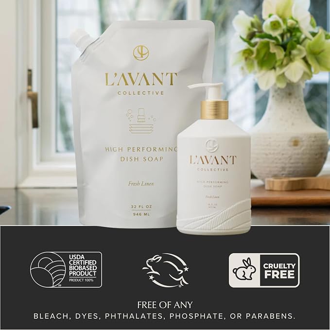 L'AVANT Collective The Ultimate Dish Wash Duo, Natural Luxury Dish Soap 16 Fl Oz with Refillable Glass Pump Bottle & 2 Loofah Dish Sponges for Pots, Pans, Dishes and Kitchen Cleaning, Winter Fir