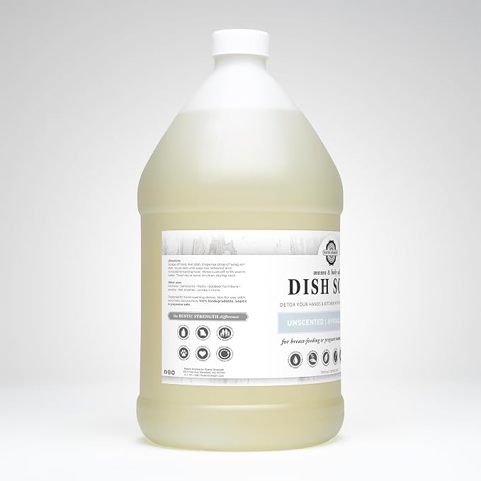 Rustic Strength Natural Dish Soap, Unscented, 1 Gallon Plastic | Gentle on All Skin, Concentrated and fragrance free, Biodegradable Plant-Based Formula