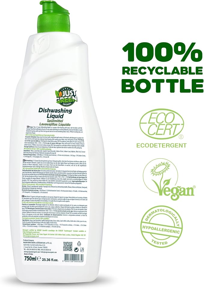 Dish Soap, Plant-Based Dishwashing Liquid, Non-Toxic, Hypoallergenic, EcoCert Certified, Vegan, Grease-Cutting, Eucalyptus & Lime Scent, 25.3 fl oz (750 ml) - 8 Pack