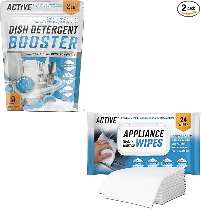 ACTIVE Dishwasher Detergent Booster and Appliance Cleaner Wipes - Includes 32oz Dish Soap Boosting Powder and 24ct Appliance Cleaning Wipes