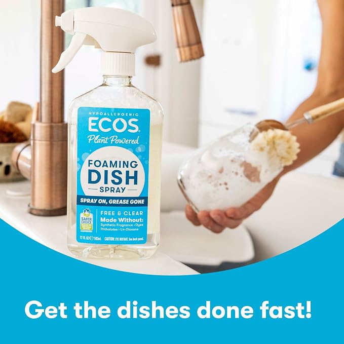 ECOS Foaming Dish Soap, Powerful Spray-On Formula, Saves Water, Wipe & Rinse Dish Cleaner - Hypoallergenic - Free & Clear, 17 Fl Oz (Pack of 4)