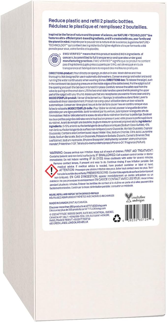 ATTITUDE Dish Soap Refill, EWG Verified, Plant-Based & Vegan Dishwashing Liquid, Naturally Derived, Green Apple & Basil Scent, 67.6 Fl Oz