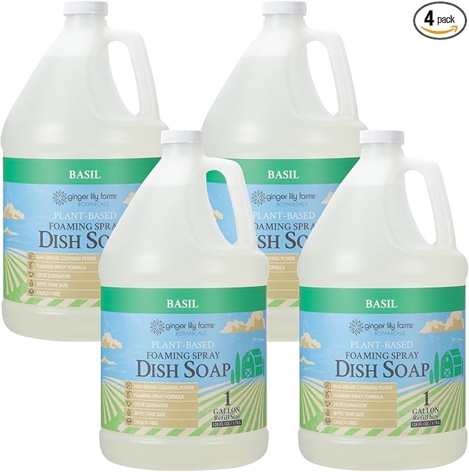 Ginger Lily Farms Botanicals Plant-Based Foaming Spray Dish Soap, Concentrated Formula with Max Grease Cleaning Power, Cruelty-Free, Basil Scent, 1 Gallon (Pack of 4)