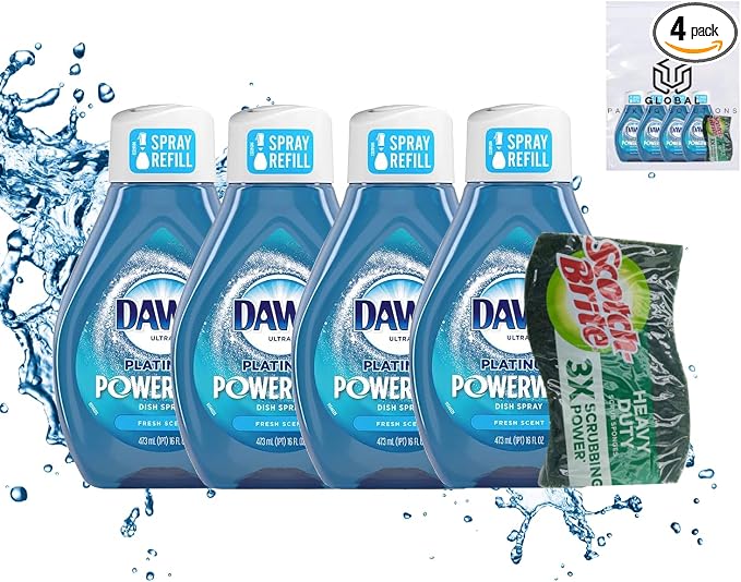 Dawn Powerwash Spray Refill Dish Soap, 4 Pack 16 Fl Oz Dawn Platinum Fresh Scent Dishwashing Liquid, Heavy Duty Power Wash Refills Bundle with Scotch-Brite Heavy Duty Scrub Sponge