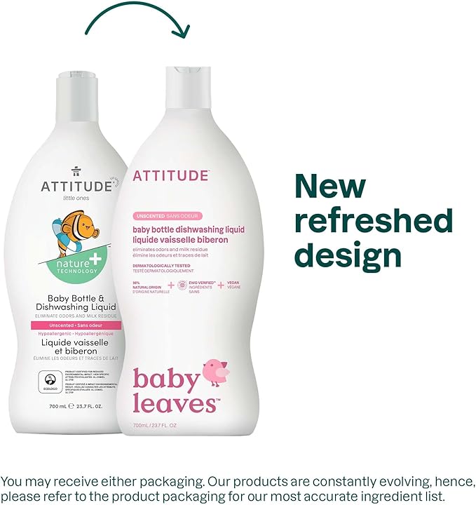 ATTITUDE Baby Bottle & Dish Soap, EWG Verified Bottle Cleaner, Fragrance Free & Dye Free, Removes Milk Residue & Grease, Vegan, Unscented, 23.7 Fl Oz