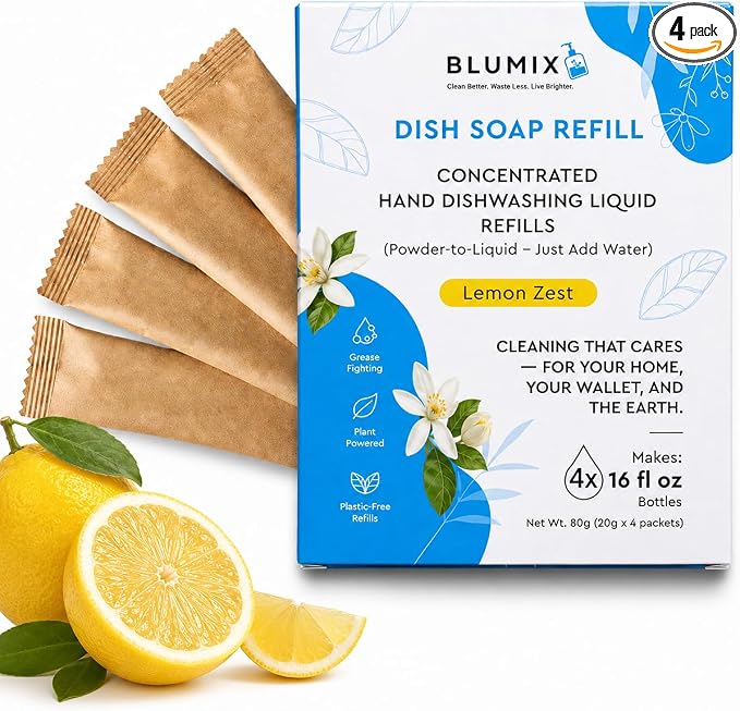 Dish Soap Refill Powder-to-Liquid Concentrate, Just Add Cool Water, Lemon Scent, 4 Packets Make 4 x 16 fl oz Bottles, Grease-Fighting, Plastic-Free (Lemon Scent)