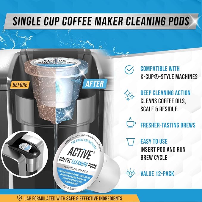 ACTIVE Dishwasher Detergent Booster and K-Cup Compatible Cleaning Pods - Includes 32oz Dish Detergent Booster and 12pk Keurig Compatible Cleaning Pods