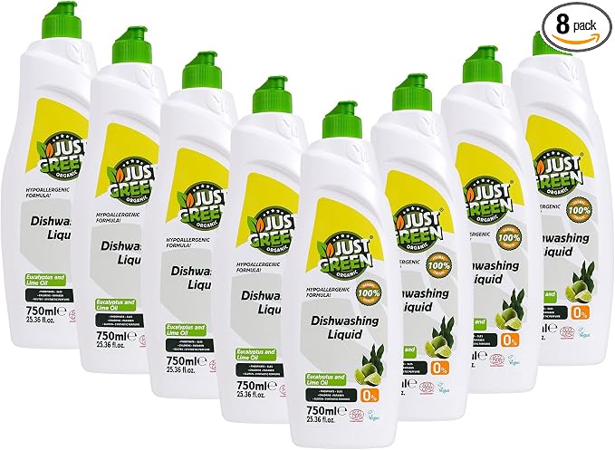 Dish Soap, Plant-Based Dishwashing Liquid, Non-Toxic, Hypoallergenic, EcoCert Certified, Vegan, Grease-Cutting, Eucalyptus & Lime Scent, 25.3 fl oz (750 ml) - 8 Pack