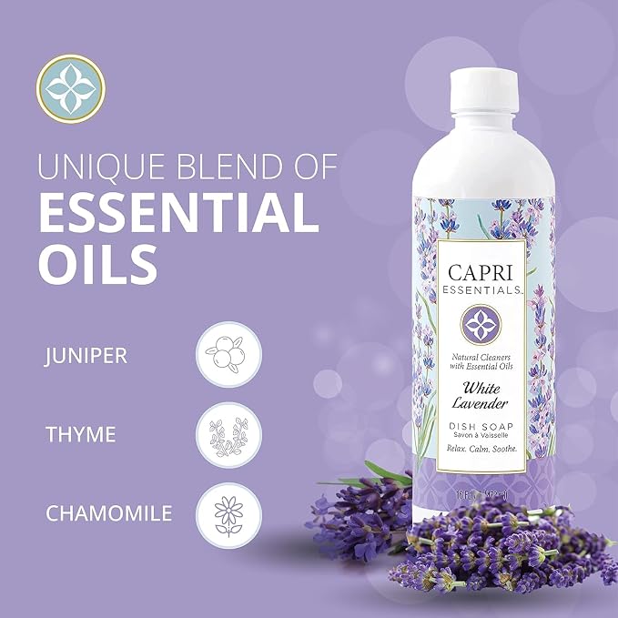 CAPRI ESSENTIALS Dish Soap Liquid, Natural Household Cleaning, Plant Based Aromatic Dish Detergent, Blend of Essential Oils with Juniper & Chamomile, White Lavender, 16 FL Oz (2 Pack)
