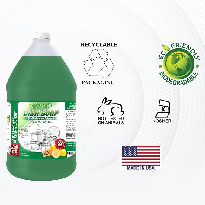GreenFist Dish Soap Ultimate Kitchen Kit – Pump, Towel, Sponges & Scrubbers, Complete Cleaning Bundle – 1 Gallon, Lemon Scent (1 Gallon + Ultra Scrubber & Sponge)