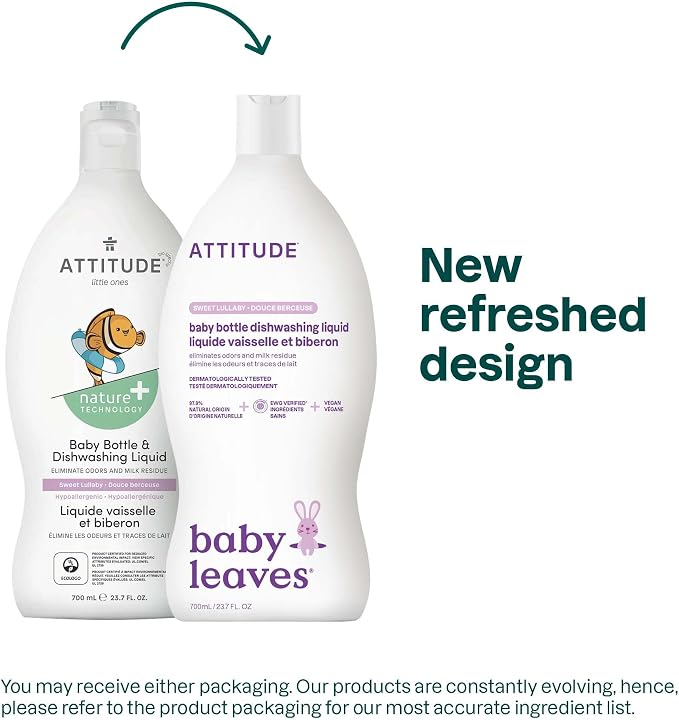 ATTITUDE Baby Bottle & Dish Soap, EWG Verified Bottle Cleaner, Dye Free, Removes Milk Residue & Grease, Vegan, Sweet Lullaby, 23.7 Fl Oz