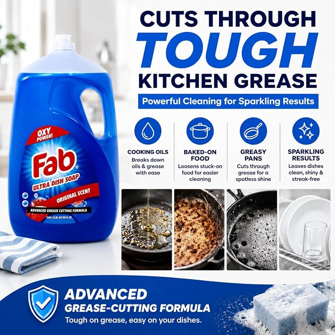 La's Totally Awesome Fab Liquid Dish Soap, Original Scent, 90 fl oz (Pack of 2) | Powerful Grease-Cutting Dishwashing Liquid, Gentle on Hands, Dish Detergent for Pots, Pans, Glassware & Cookware