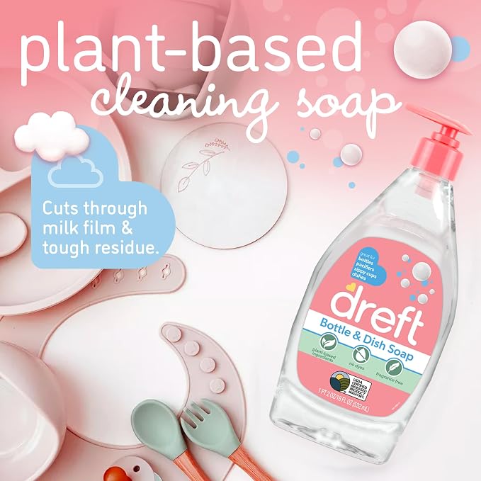 Dreft Bottle and Dish Soap | Made to Clean Baby Bottles,Sippy Cups,Pacifiers,Breast Pumps,& More | Gently Removes Milk Film & Odors-| Plant Based,Fragrance Free Dish Soap-| 18 Fl Oz,(Pack of 6)