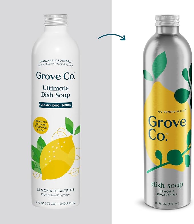 Grove Co. Dish Soap, 3 x 16 fl oz Refills, Lemon & Eucalyptus | Plastic-Free; Refill format; Natural Fragrance; Removes Stuck on Food; 98% plant-based ingredients
