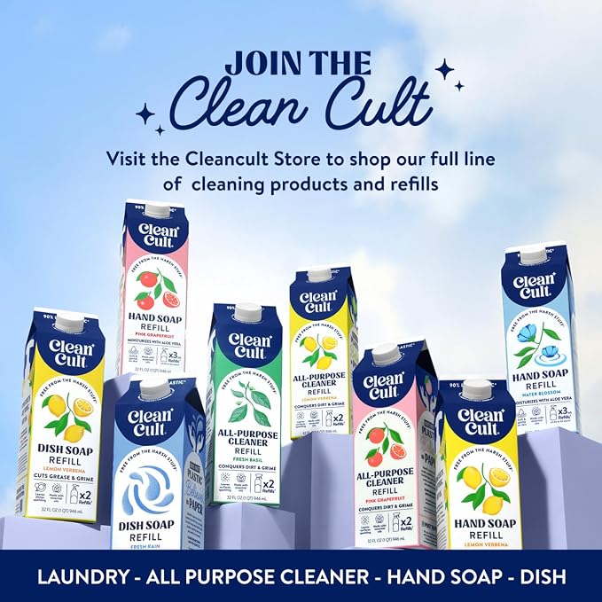 Cleancult Dish Soap Liquid Refills - Plant Based Cleaning Power - Cuts Grease & Grime - Free of Harsh Chemicals - Uses 90% Less Plastic - Fresh Basil - 32 oz/3 Pack