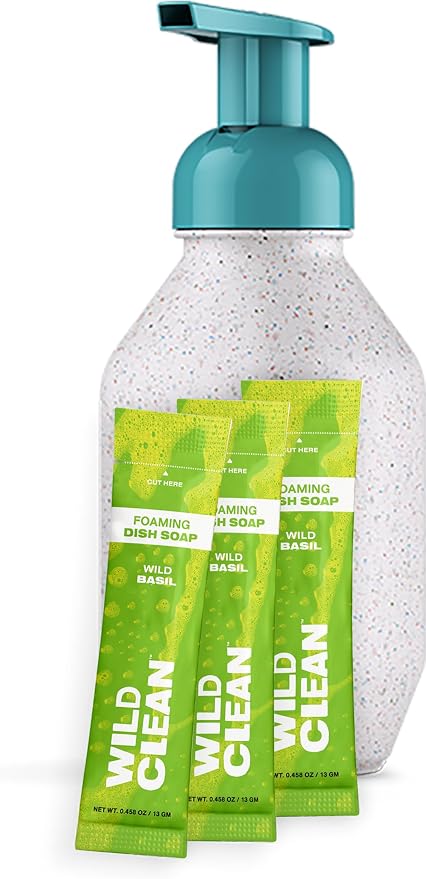 | Foaming Dish Soap Starter Kit Set | 3 Refill Dish Powders | Wild Basil Scent 3 Pack | | Eco Friendly