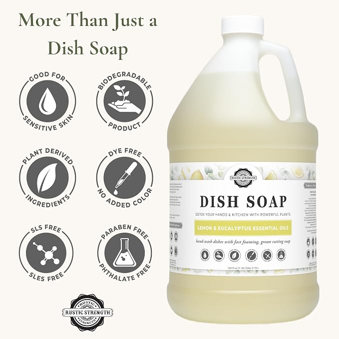 Rustic Strength Natural Dish Soap, Lemon & Eucalyptus, 1 Gallon Plastic | High-Lathering, Concentrated,Plant-Based Formula,Tough Grease Cleaner