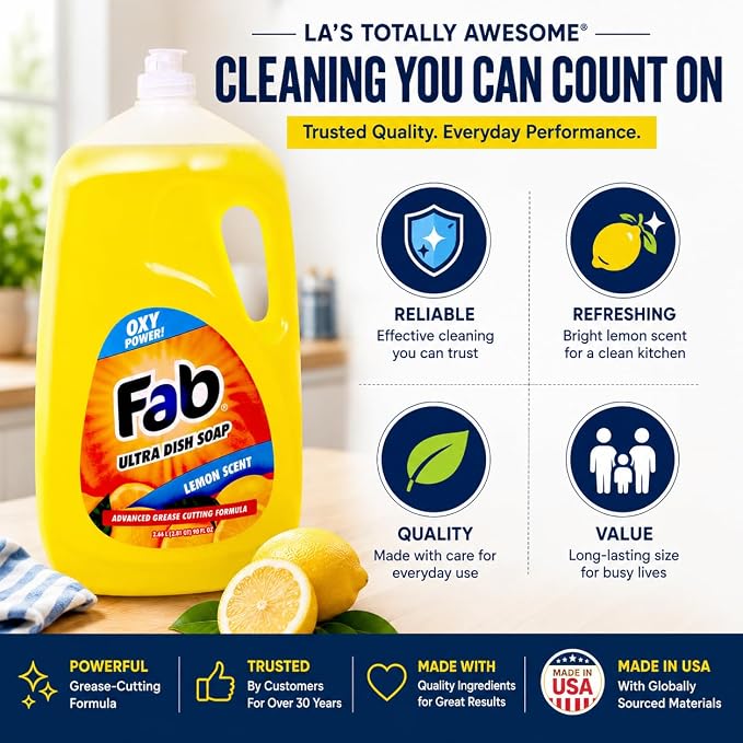 La's Totally Awesome Fab Liquid Dish Soap, Lemon Scent, 90 fl oz (Pack of 2), Powerful Grease-Cutting Dishwashing Liquid, Gentle on Hands, for Pots, Pans, Glassware & Cookware