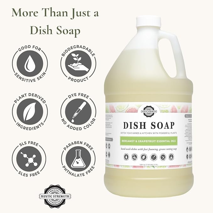 Rustic Strength Dish Soap, Bergamot & Grapefruit Scent, Gallon Plastic | Plant-Derived Cleansers,Helps Remove Grease and Food Residue,Rich Lather