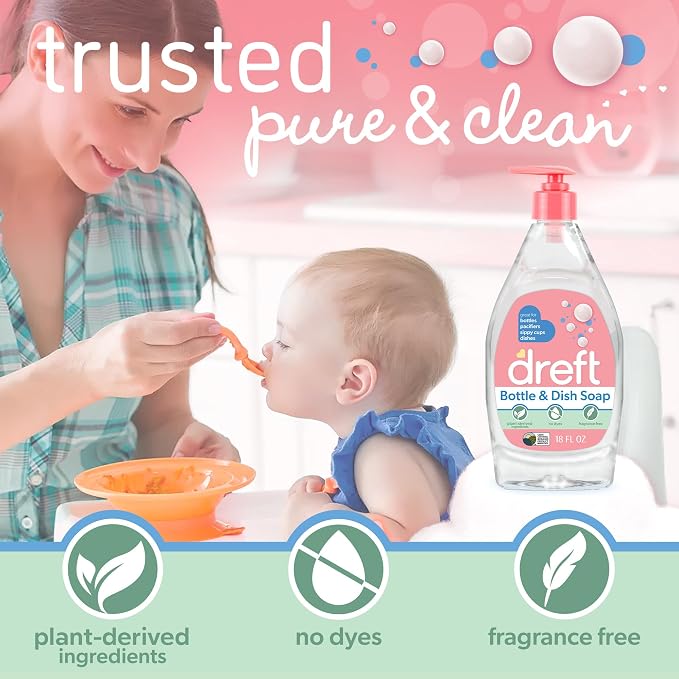 DREFT Bottle and Dish Soap Baby Gift Set - Bonus Travel Size Dreft All Purpose Cleaner & Stain Remover - Made to Clean Baby Essentials - Plant Based Ingredients, Fragrance Free Formula - 4 Piece Set