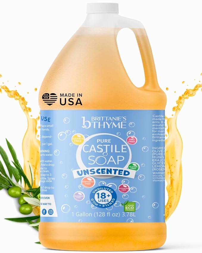 Brittanie's Pure Castile Liquid Olive Oil Soap Refill, Unscented, 1 Gallon | Multi-Purpose For Body, Face, Hands, Laundry, Dishes, Pets & Baby, Organic, Vegan, Non-GMO, Olive Oil, Made in USA
