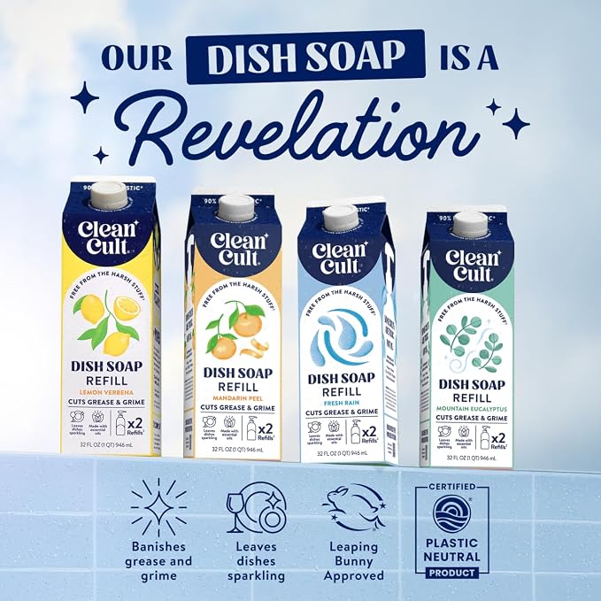 Cleancult Dish Soap Liquid Refills - Plant Based Cleaning Power - Cuts Grease & Grime - Free of Harsh Chemicals - Uses 90% Less Plastic - Fresh Basil - 32 oz/3 Pack