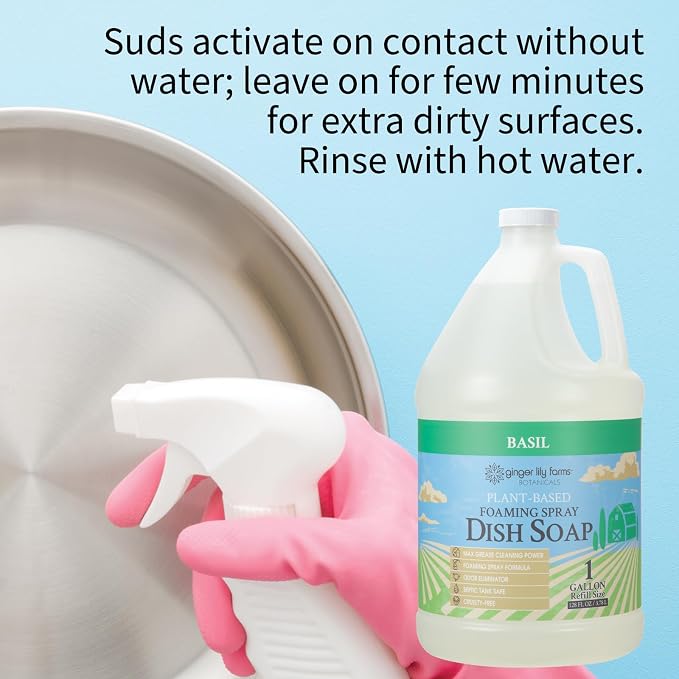 Ginger Lily Farms Botanicals Plant-Based Foaming Spray Dish Soap, Concentrated Formula with Max Grease Cleaning Power, Cruelty-Free, Basil Scent, 1 Gallon (Pack of 4)