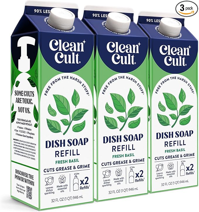 Cleancult Dish Soap Liquid Refills - Plant Based Cleaning Power - Cuts Grease & Grime - Free of Harsh Chemicals - Uses 90% Less Plastic - Fresh Basil - 32 oz/3 Pack
