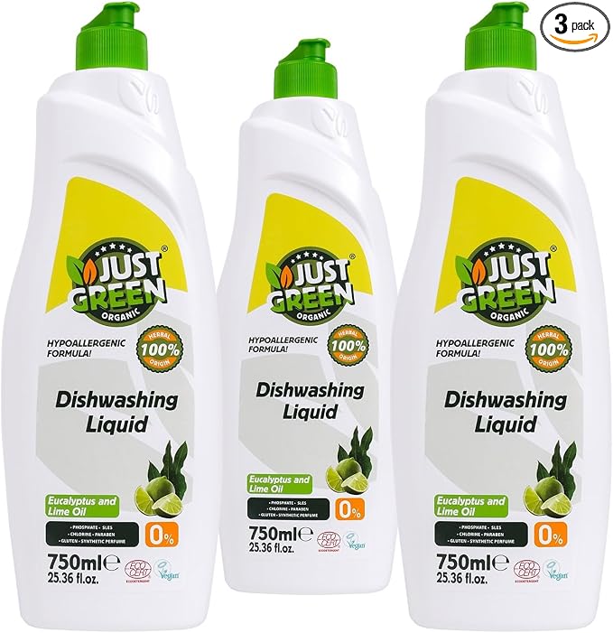Dish Soap, Plant-Based Dishwashing Liquid, Non-Toxic, Hypoallergenic, EcoCert Certified, Vegan, Grease-Cutting, Eucalyptus & Lime Scent, 25.3 fl oz (750 ml) - 3 Pack