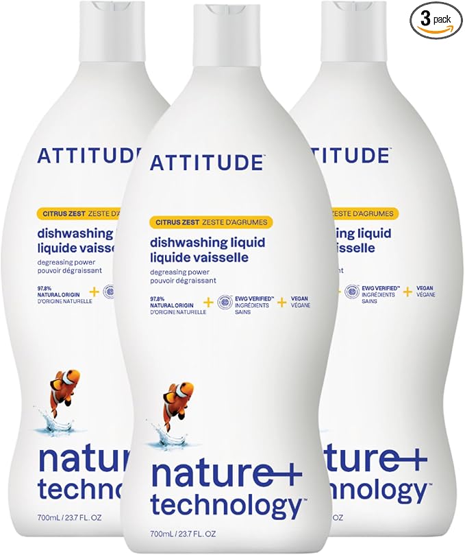 ATTITUDE Dish Soap, EWG Verified, Plant-Based & Vegan Dishwashing Liquid, Naturally Derived, Citrus Zest, 23.7 Fl Oz (Pack of 3)