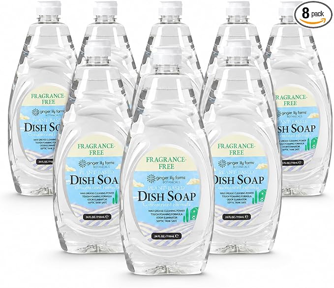 Ginger Lily Farms Botanicals Plant-Based Liquid Dish Soap, Concentrated Formula with Max Grease Cleaning Power, Cruelty-Free, Fragrance-Free, 24 Fl Oz (Pack of 8)