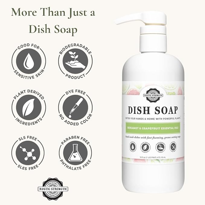 Rustic Strength Plant Based Dish Soap, Bergamot & Grapefruit Scent, 16 oz | High lathering and gentle on hands,Concentrated and biodegradable plant based formula,Cuts grease and stuck on food