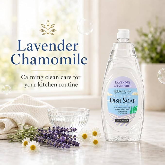 Ginger Lily Farms Botanicals Plant-Based Liquid Dish Soap, Concentrated Formula with Max Grease Cleaning Power, Cruelty-Free, Lavender Chamomile Scent, 24 Fl Oz