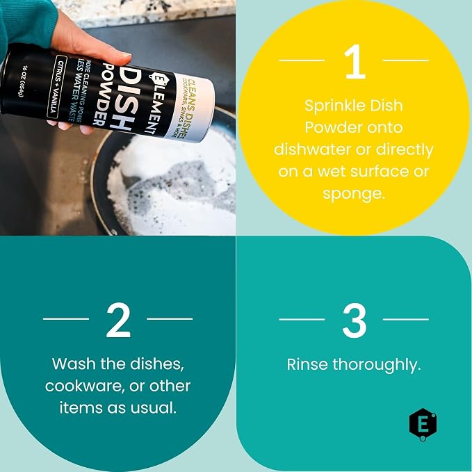 ELEMENT Dish Powder | Grease-Fighting Dish Soap | No Harsh Chemicals, Liquidless, Plastic-Free | Plant-Based Pouch (16 OZ in Refillable Shaker, Island Sangria)