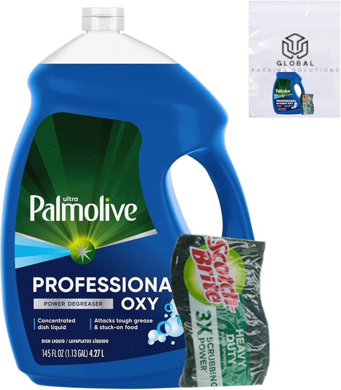 Ultra Professional Concentrated Oxy Degreaser Dish Soap Refill, 145 Fl Oz, bundled with Heavy Duty Scotch Brite Sponge