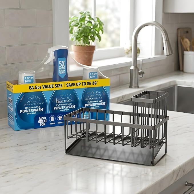 Kitchen Cleaning Bundle - Powerwash Dish Spray and kitchen Sink Organizer | Fresh scent dish cleaning spray; grease-cutting formula for dishes, pots, pans and kitchen surfaces