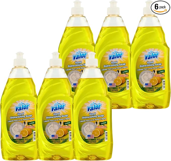 Valor Dishwashing Liquid, 25 fl oz – Dish Soap for Kitchen & Bathroom, Grease-Fighting, Gentle on Hands, Fast Rinse, Eco-Friendly Biodegradable Formula (25.5 oz (Pack of 6), Lemon)