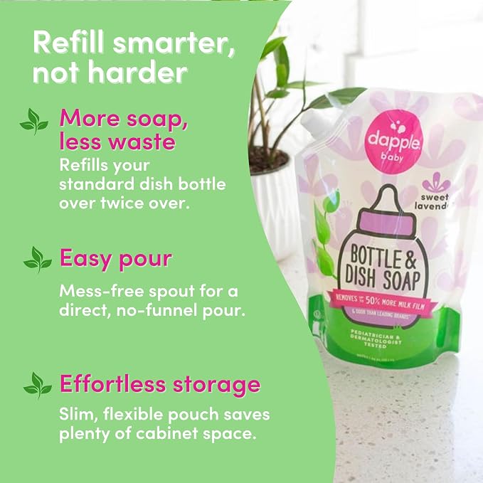 Dapple Baby Lavender Bottle & Dish Soap Refill Pouch - (2 Pack) 33.8 fl oz - Plant-Powered Cleaner for Baby Bottles, Pump Parts, and Sippy Cups