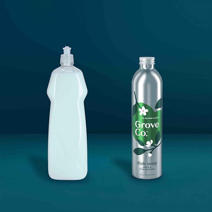 Grove Co. Dish Soap, 3 x 16 fl oz Refills + Refillable Glass Dispenser | Apple & Pear Blossom; Plastic-Free; Reusable dispenser; Refill format; Removes Stuck on Food; 98% plant-based ingredients