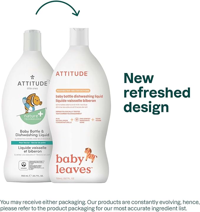 ATTITUDE Baby Bottle & Dish Soap, EWG Verified Bottle Cleaner, Dye Free, Removes Milk Residue & Grease, Vegan, Pear Nectar, 23.7 Fl Oz