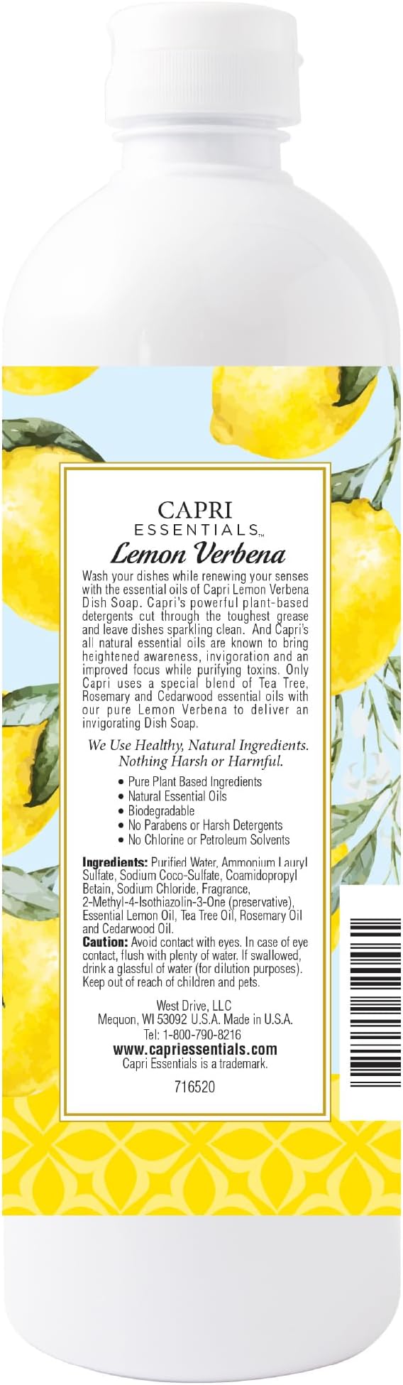CAPRI ESSENTIALS Dish Soap Liquid, Natural Household Cleaning Supplies, Plant Based Aromatic Dish Detergent, Blend of Essential Oils with Tea Tree, Rosemary & Cedarwood, Lemon Verbena, 16 FL Oz