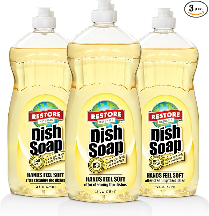 Restore Naturals Non Toxic Liquid Dish Soap - 25 Fl Oz - Plant Based | Biodegradable | Gentle Formula | Cruelty Free | Made in the USA - 3 Pack