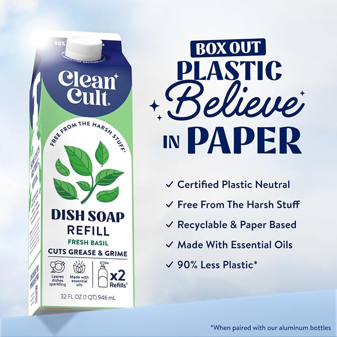 Cleancult Dish Soap Liquid Refills - Plant Based Cleaning Power - Cuts Grease & Grime - Free of Harsh Chemicals - Uses 90% Less Plastic - Fresh Basil - 32 oz/3 Pack